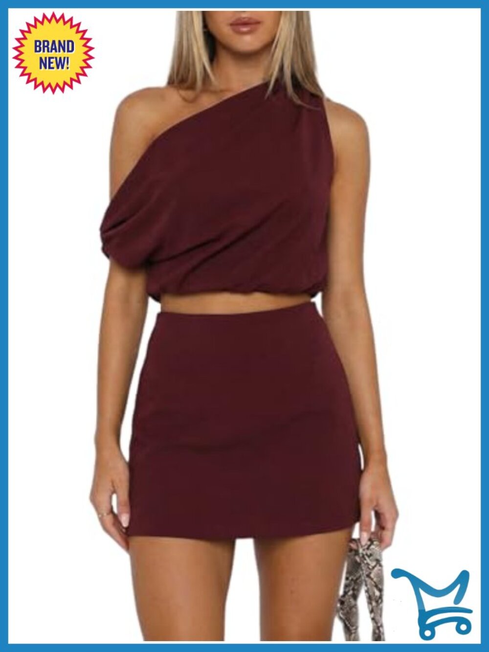 Two Piece Skirt Set One Shoulder Crop Top High Waisted Mini Bodycon Skirt